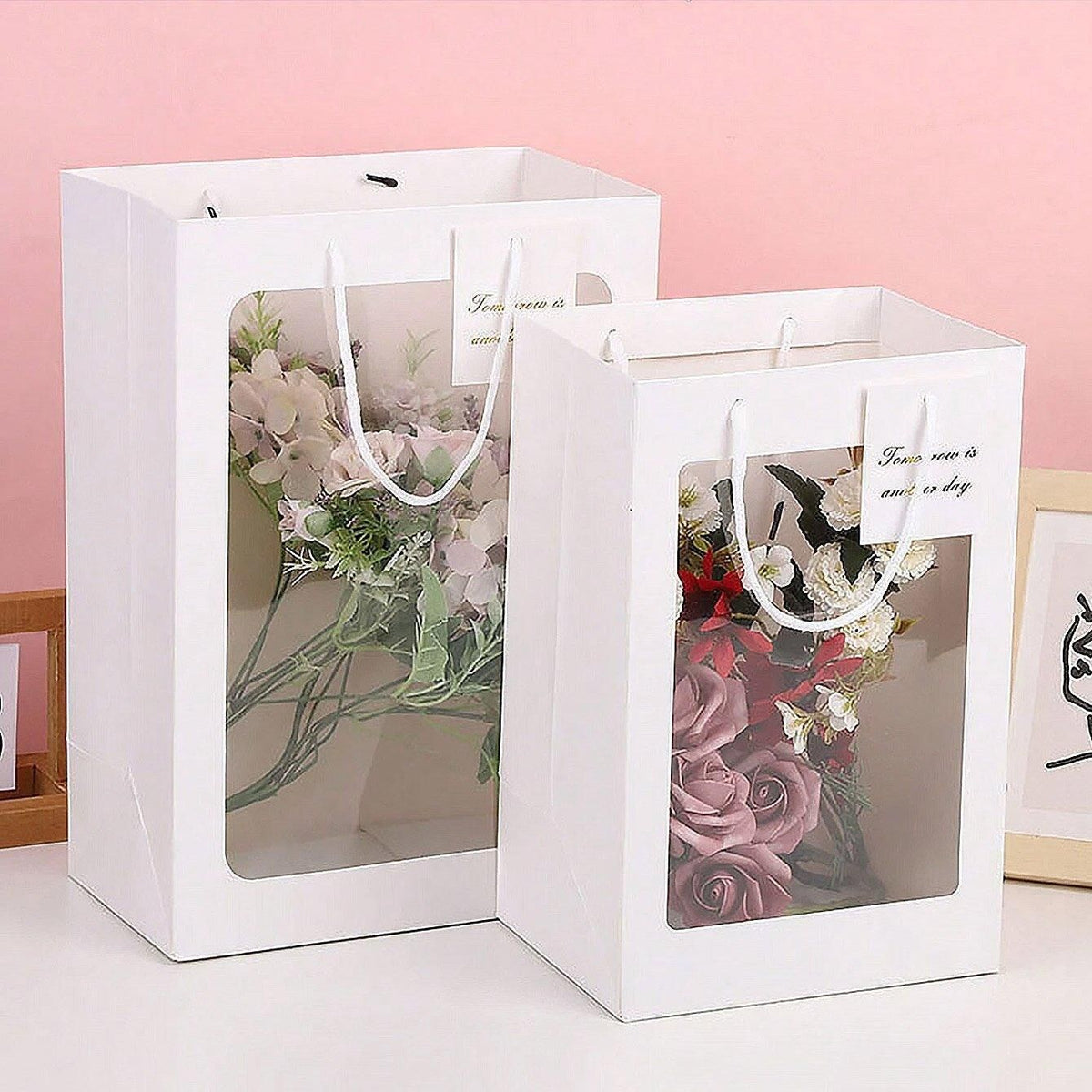 25x Thick Gift Bags with Transparent Window for Valentines Day Bouquets and Gift - Tote-Bag-25pcs-Pink-18-13-25cm