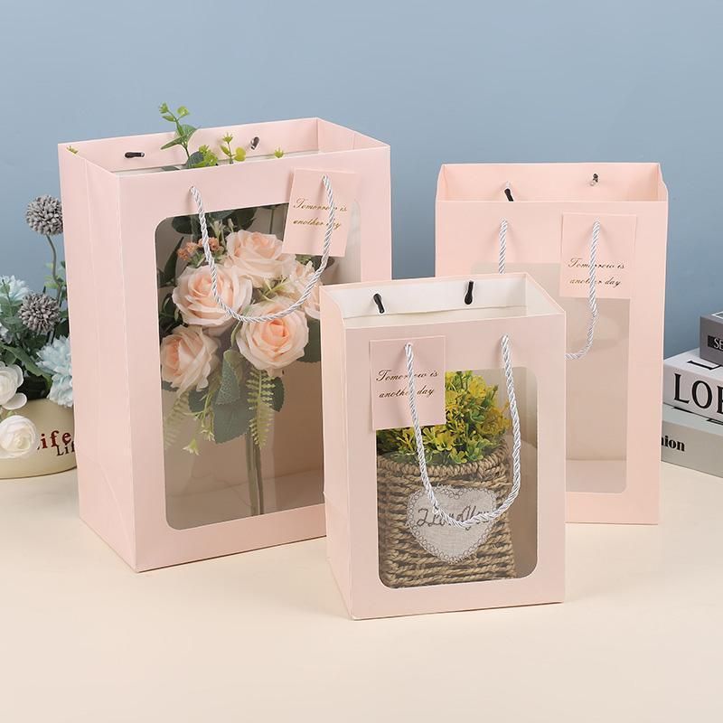 25x Thick Gift Bags with Transparent Window for Valentines Day Bouquets and Gift - Tote-Bag-25pcs-Red-18-13-25cm