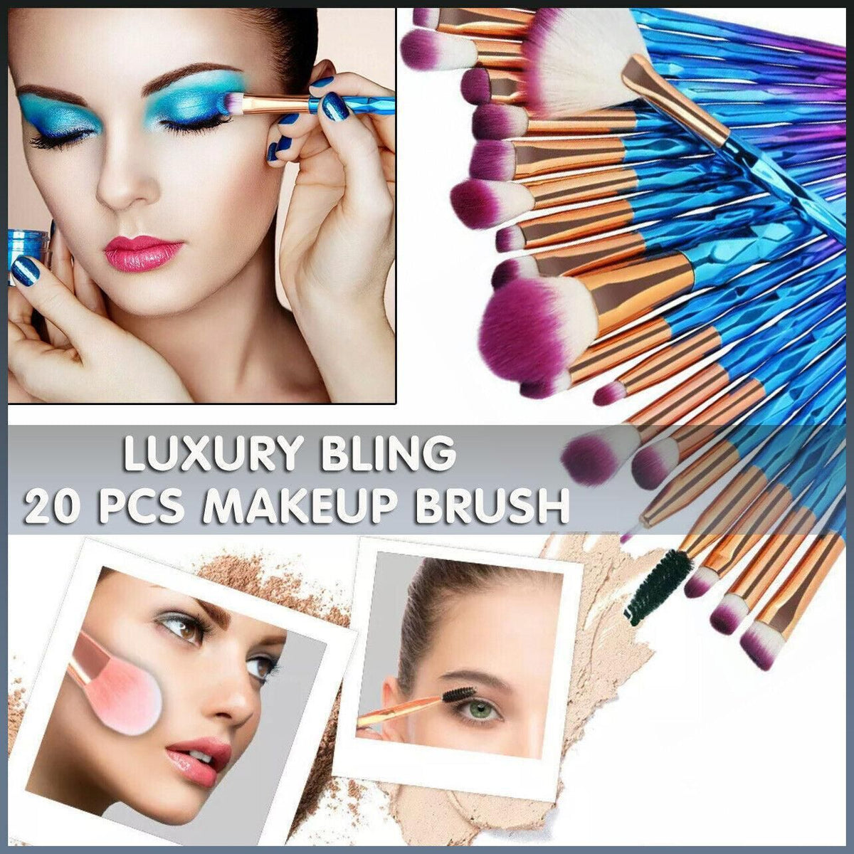20 Pcs Eye Make-Up Brushes Diamond Unicorn Eyeshadow Eyebrow Blending Brush Set - Green and Pink