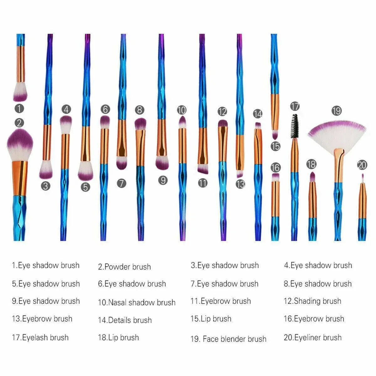 20 Pcs Eye Make-Up Brushes Diamond Unicorn Eyeshadow Eyebrow Blending Brush Set - Green and Pink