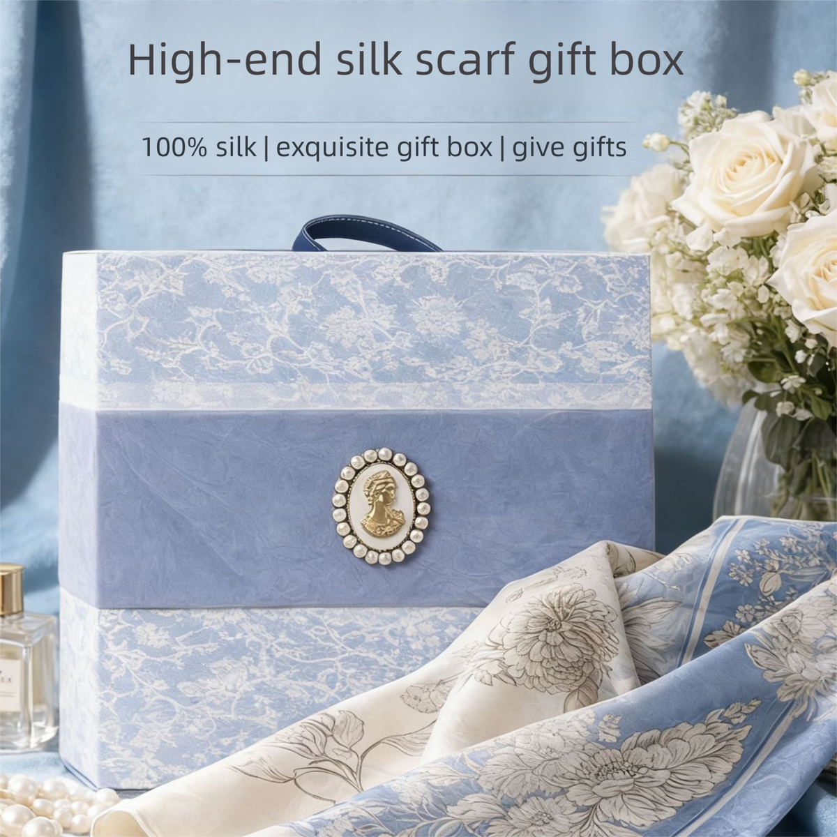 Mulberry Silk Square Scarf for Women - 53x53cm Floral Print Neck Scarf with Gift Box, Soft Lightweight Silk Headscarf for  Birthday, Anniversary - Elegant Gift for Mum, Grandma, Teachers