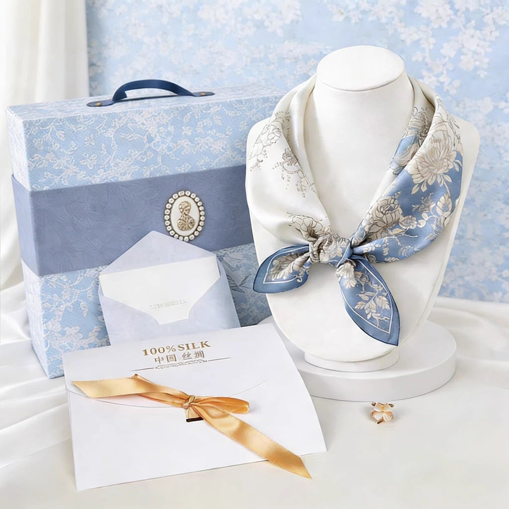 Mulberry Silk Square Scarf for Women - 53x53cm Floral Print Neck Scarf with Gift Box, Soft Lightweight Silk Headscarf for  Birthday, Anniversary - Elegant Gift for Mum, Grandma, Teachers