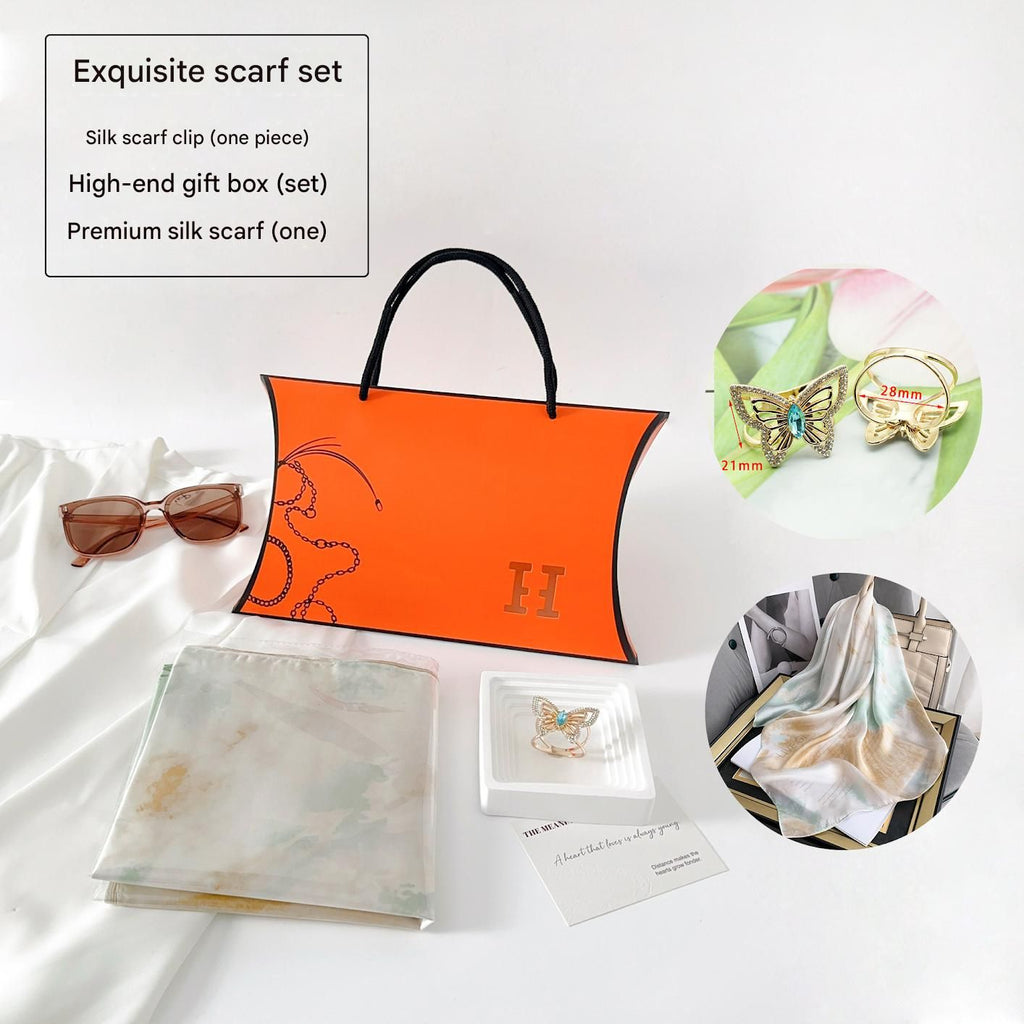 Light Green Ink-Wash Style Korean Design 70x70cm Imitation Silk Scarf Gift Set for Women - Fashionable Square Scarf with Scarf Ring & Luxury Gift Box, Versatile Neck Scarf for Mum, Grandma, Ladies - Ideal Gift for Mother's Day, Birthday, Anniversary