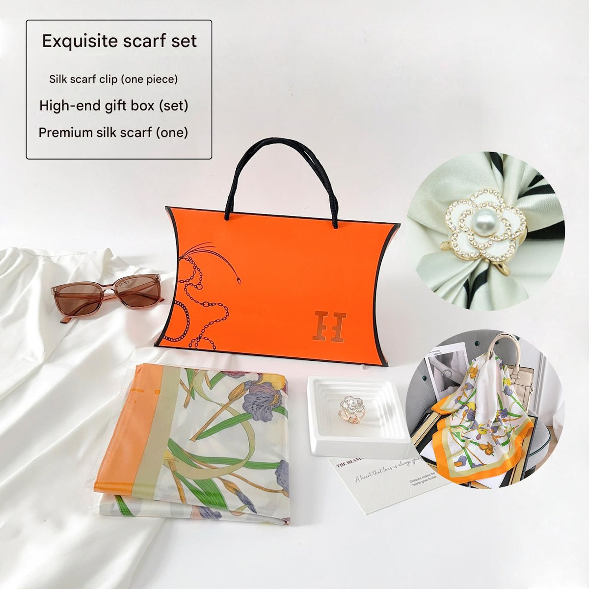 Butterfly and Flower Styles Korean Design 70x70cm Imitation Silk Scarf Gift Set for Women - Fashionable Square Scarf with Scarf Ring & Luxury Gift Box, Versatile Neck Scarf for Mum, Grandma, Ladies - Ideal Gift for Mother's Day, Birthday, Anniversary