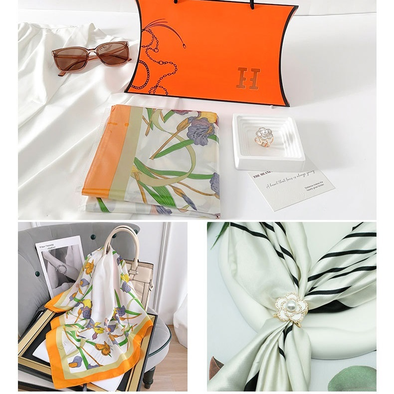 Butterfly and Flower Styles Korean Design 70x70cm Imitation Silk Scarf Gift Set for Women - Fashionable Square Scarf with Scarf Ring & Luxury Gift Box, Versatile Neck Scarf for Mum, Grandma, Ladies - Ideal Gift for Mother's Day, Birthday, Anniversary