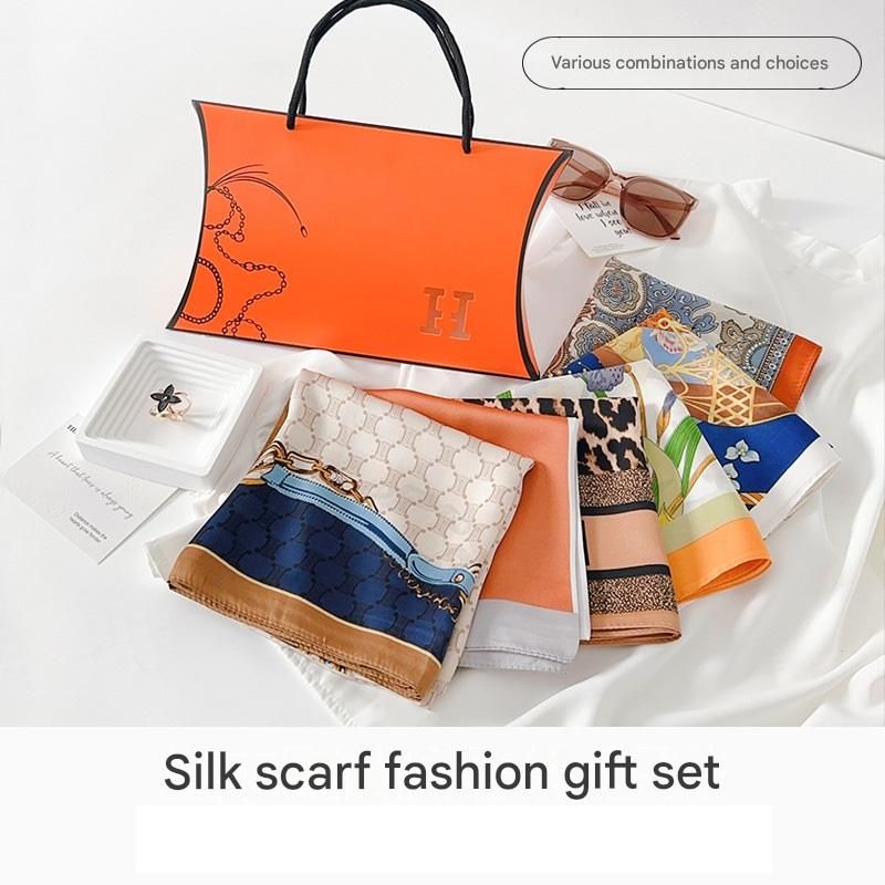 Butterfly and Flower Styles Korean Design 70x70cm Imitation Silk Scarf Gift Set for Women - Fashionable Square Scarf with Scarf Ring & Luxury Gift Box, Versatile Neck Scarf for Mum, Grandma, Ladies - Ideal Gift for Mother's Day, Birthday, Anniversary
