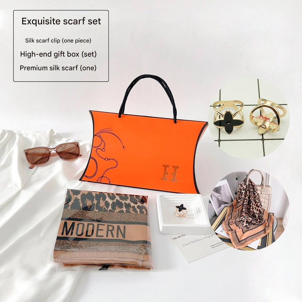 Leopard Print Style Korean Design 70x70cm Imitation Silk Scarf Gift Set for Women - Fashionable Square Scarf with Scarf Ring & Luxury Gift Box, Versatile Neck Scarf for Mum, Grandma, Ladies - Ideal Gift for Mother's Day, Birthday, Anniversary