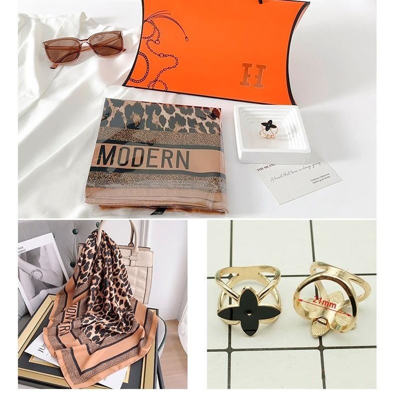 Leopard Print Style Korean Design 70x70cm Imitation Silk Scarf Gift Set for Women - Fashionable Square Scarf with Scarf Ring & Luxury Gift Box, Versatile Neck Scarf for Mum, Grandma, Ladies - Ideal Gift for Mother's Day, Birthday, Anniversary
