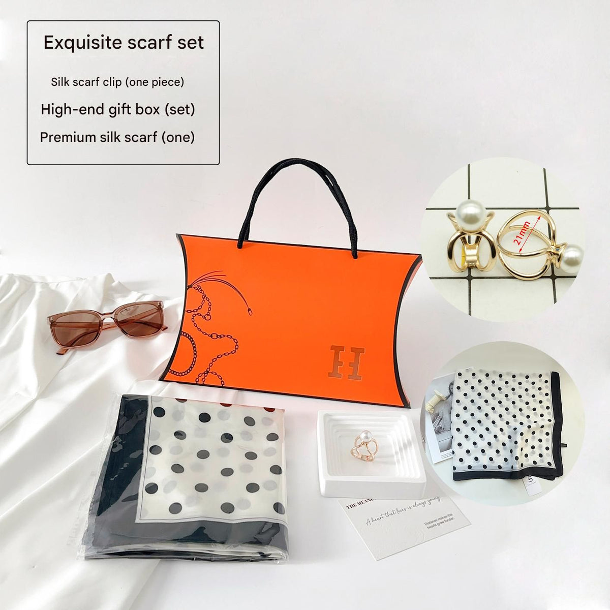 Black Polka-Dot Style Korean Design 70x70cm Imitation Silk Scarf Gift Set for Women - Fashionable Square Scarf with Scarf Ring & Luxury Gift Box, Versatile Neck Scarf for Mum, Grandma, Ladies - Ideal Gift for Mother's Day, Birthday, Anniversary