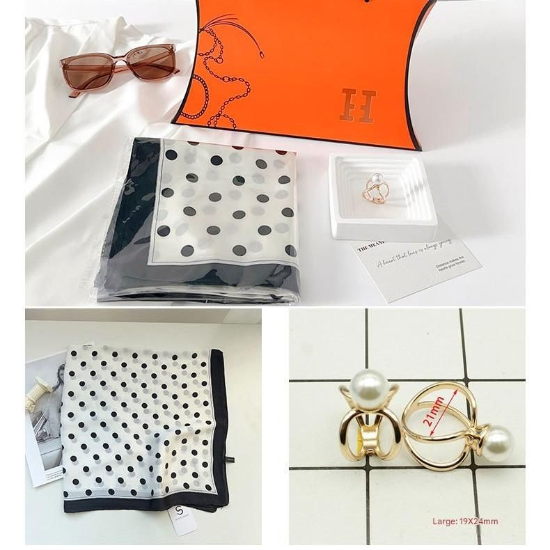 Black Polka-Dot Style Korean Design 70x70cm Imitation Silk Scarf Gift Set for Women - Fashionable Square Scarf with Scarf Ring & Luxury Gift Box, Versatile Neck Scarf for Mum, Grandma, Ladies - Ideal Gift for Mother's Day, Birthday, Anniversary