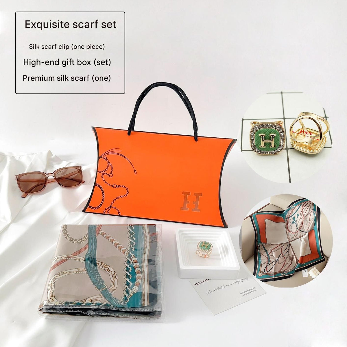 Colorful Chain Styles Korean Design 70x70cm Imitation Silk Scarf Gift Set for Women - Fashionable Square Scarf with Scarf Ring & Luxury Gift Box, Versatile Neck Scarf for Mum, Grandma, Ladies - Ideal Gift for Mother's Day, Birthday, Anniversary