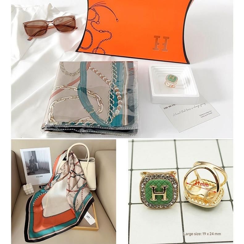 Colorful Chain Styles Korean Design 70x70cm Imitation Silk Scarf Gift Set for Women - Fashionable Square Scarf with Scarf Ring & Luxury Gift Box, Versatile Neck Scarf for Mum, Grandma, Ladies - Ideal Gift for Mother's Day, Birthday, Anniversary