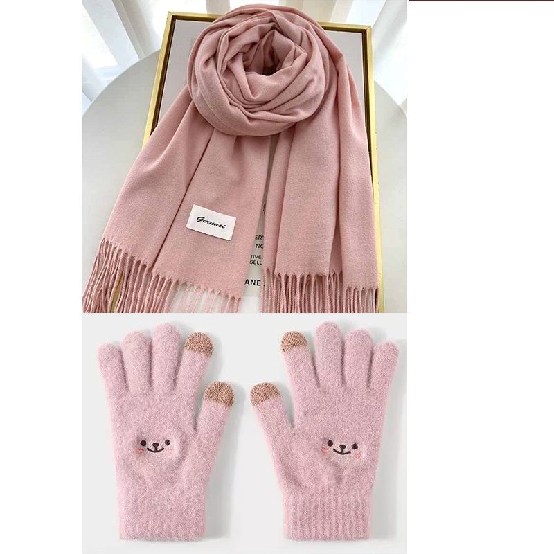 Pink Winter Cashmere-Like Scarf and Gloves Gift Set for Women - Solid Color Tassel Warm Neck Wrap with Touchscreen Knit Mittens, Premium Gift Box - Birthday & Holiday Present