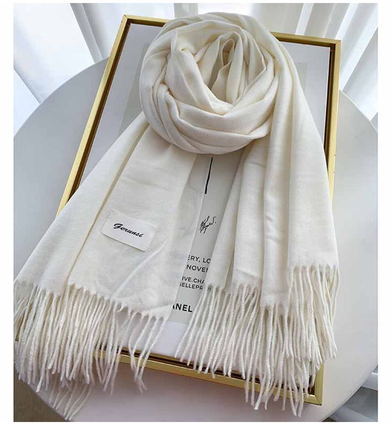 White Winter Cashmere-Like Scarf and Gloves Gift Set for Women - Solid Color Tassel Warm Neck Wrap with Touchscreen Knit Mittens, Premium Gift Box - Birthday & Holiday Present