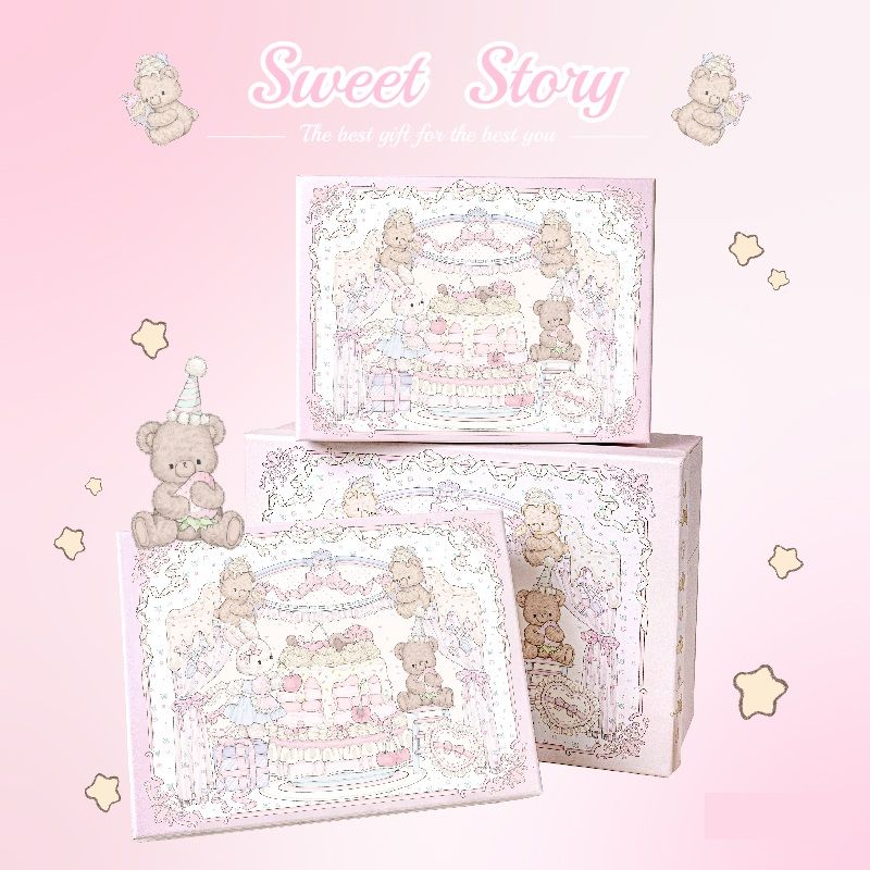 Pink Sweet Story Large Gift Box with Lid set-Includes Raffia and Gift Bag- Cute Birthday Present Packaging Storage Box for Gifts, Keepsakes and Home Organisation