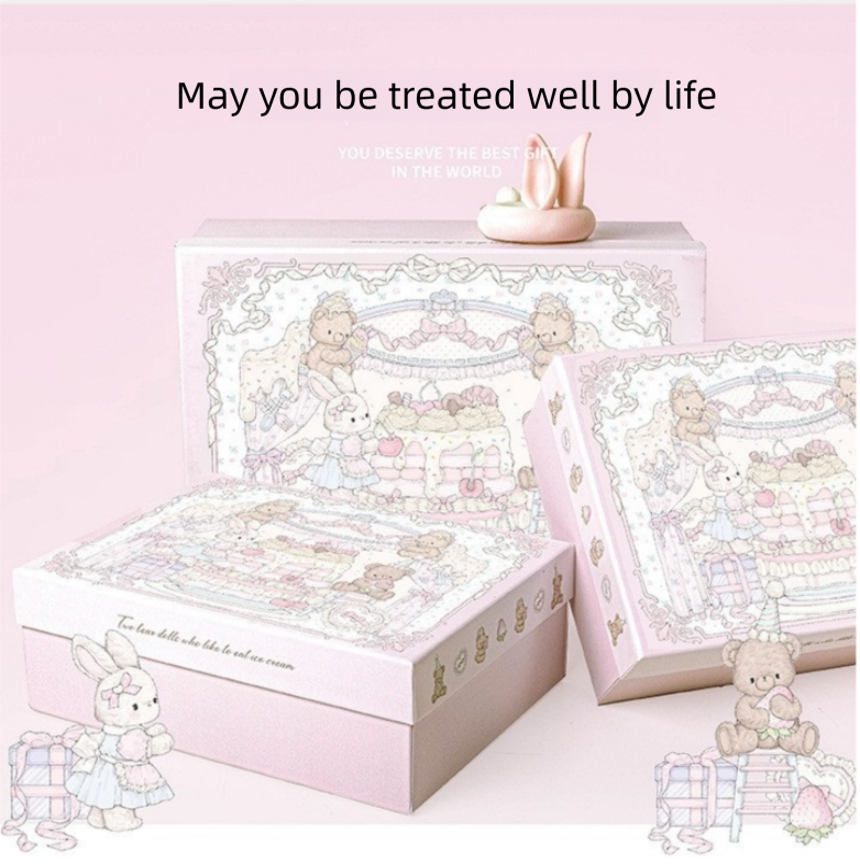 Pink Sweet Story Large Gift Box with Lid set-Includes Raffia and Gift Bag- Cute Birthday Present Packaging Storage Box for Gifts, Keepsakes and Home Organisation