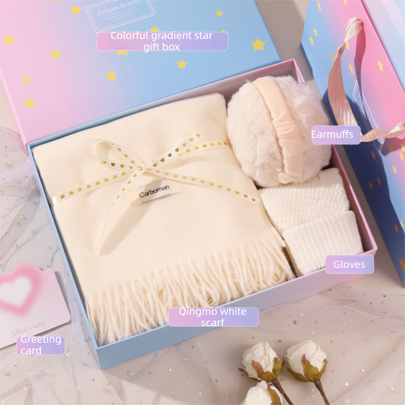 White Winter Scarf Gift Box Set for Women （Earmuffs, Gloves, and Scarf 3-Piece Set）- Soft Warm Scarf with Luxury Gift Packaging Birthday Present for Girlfriend Wife Daughter