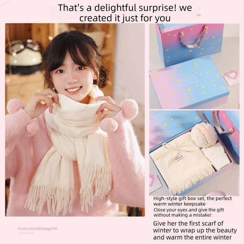 White Winter Scarf Gift Box Set for Women （Earmuffs, Gloves, and Scarf 3-Piece Set）- Soft Warm Scarf with Luxury Gift Packaging Birthday Present for Girlfriend Wife Daughter