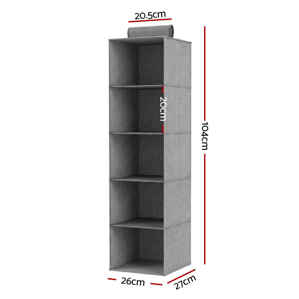 Artiss Hanging Closet Organiser 5 Tier Wardrobe Storage Grey 104cm